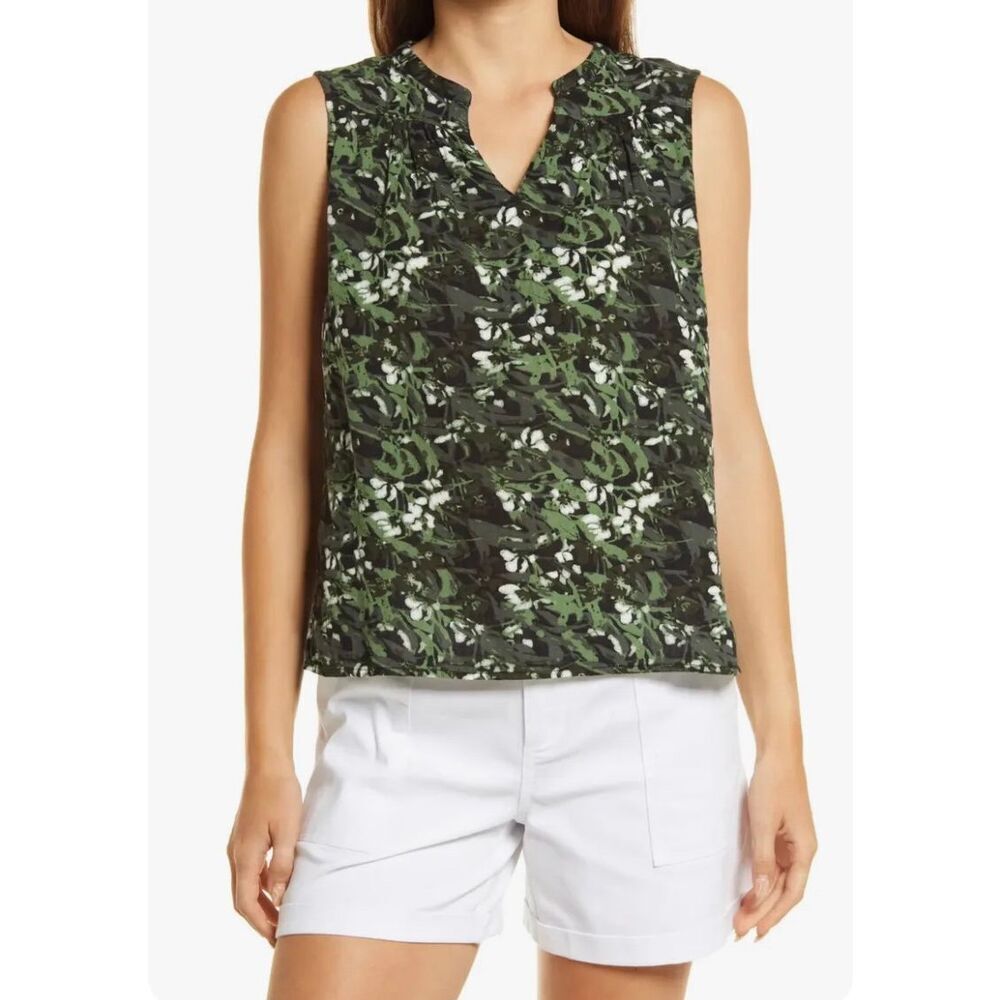 Caslon Women's Sleeveless‎ Tropical Print Collared Top In Green Size S NWT